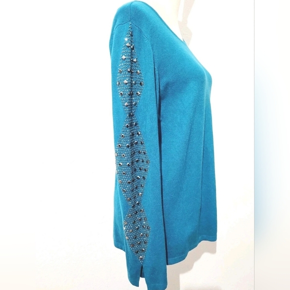 Milano Teal Knit Sweater Women’s Size Large Beaded Studded Sleeve Pullover Top - Picture 2 of 10